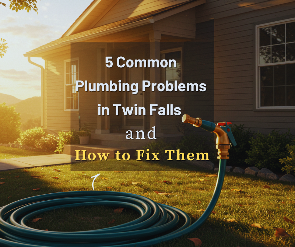Twin Falls home with plumbing elements and overlay text reading “5 Common Plumbing Problems in Twin Falls (and How to Fix Them)”