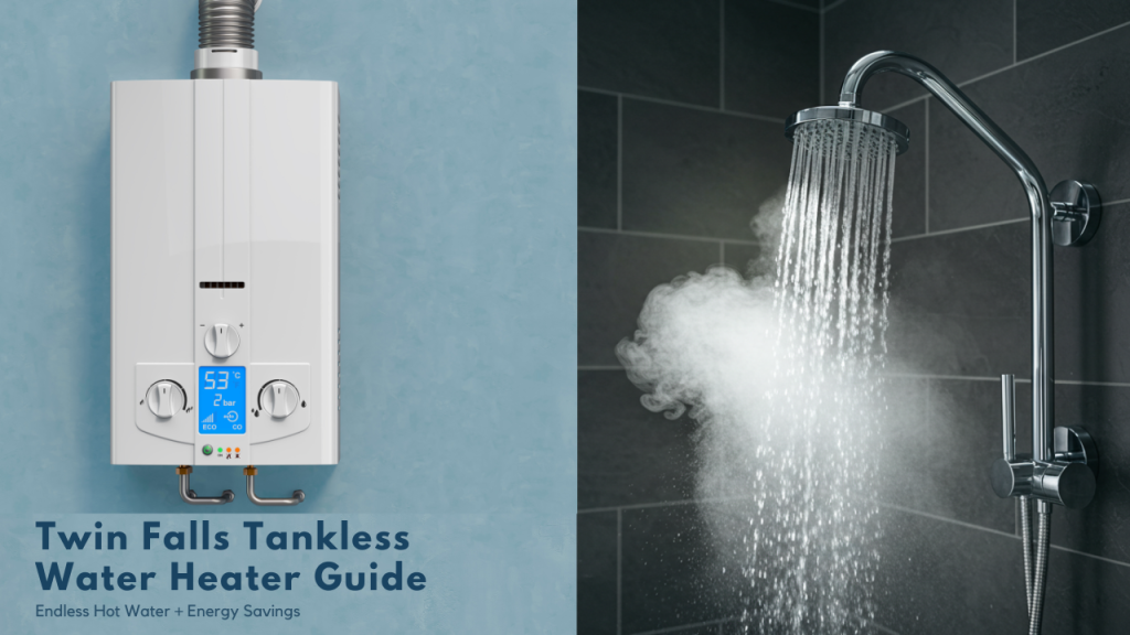 Modern Tankless Water Heater installed in Twin Falls home showing space-saving wall mount design with endless hot water flowing from faucet