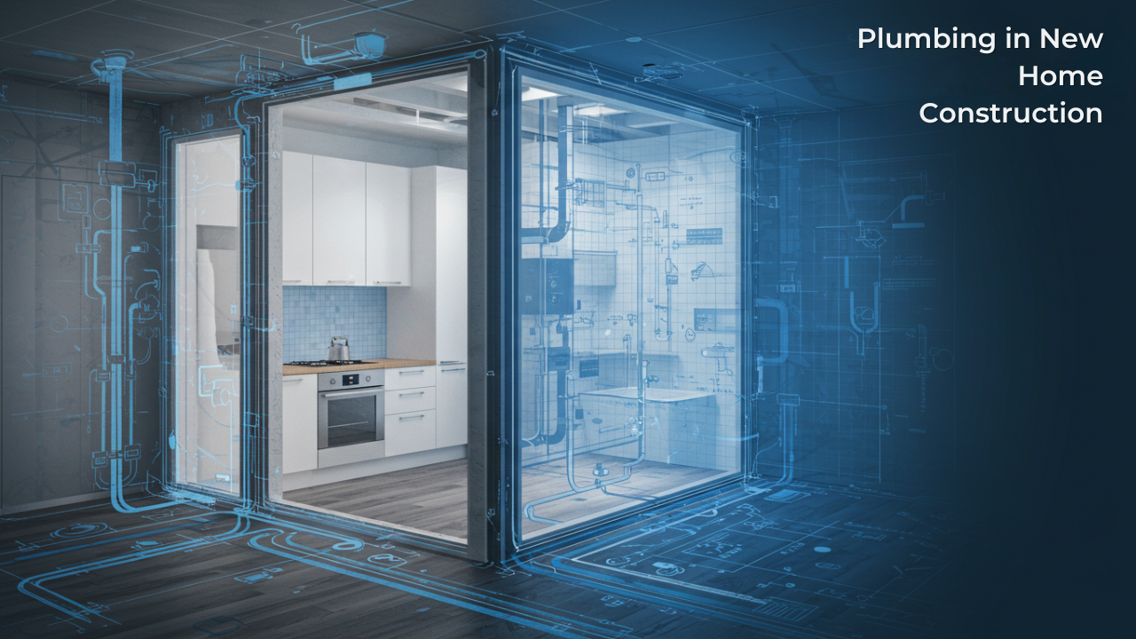 Blueprint-style illustration showing detailed plumbing in new home construction within a modern house interior.