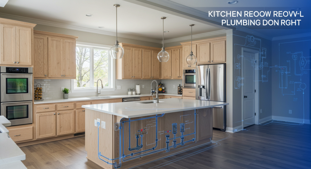 Kitchen remodel plumbing displayed with blueprint-style overlay showing water lines and drains in a modern open-concept kitchen.