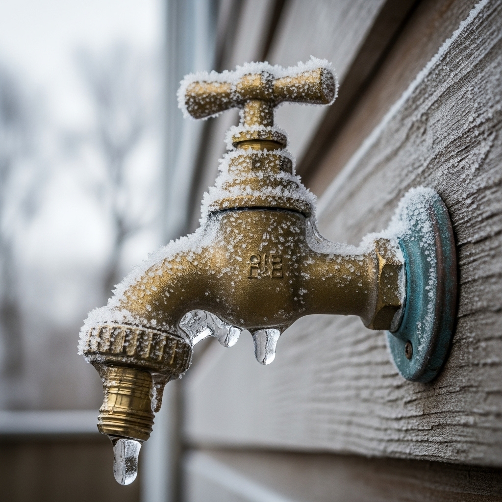 Close-up outdoor spigot covered in frost symbolizing frozen pipes in Twin Falls.