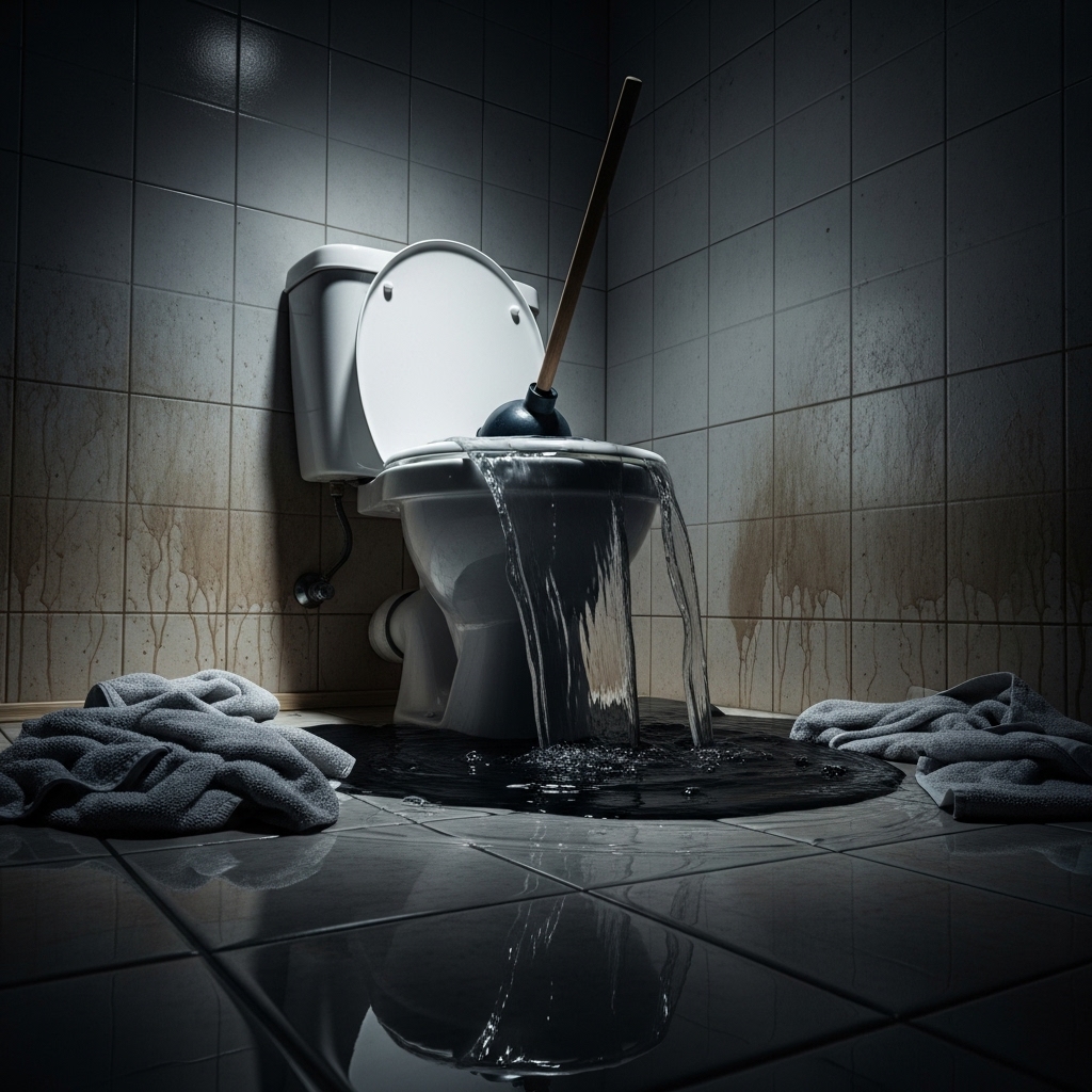 Overflowing toilet with dark murky water illustrating severe Common Toilet Problems in a home