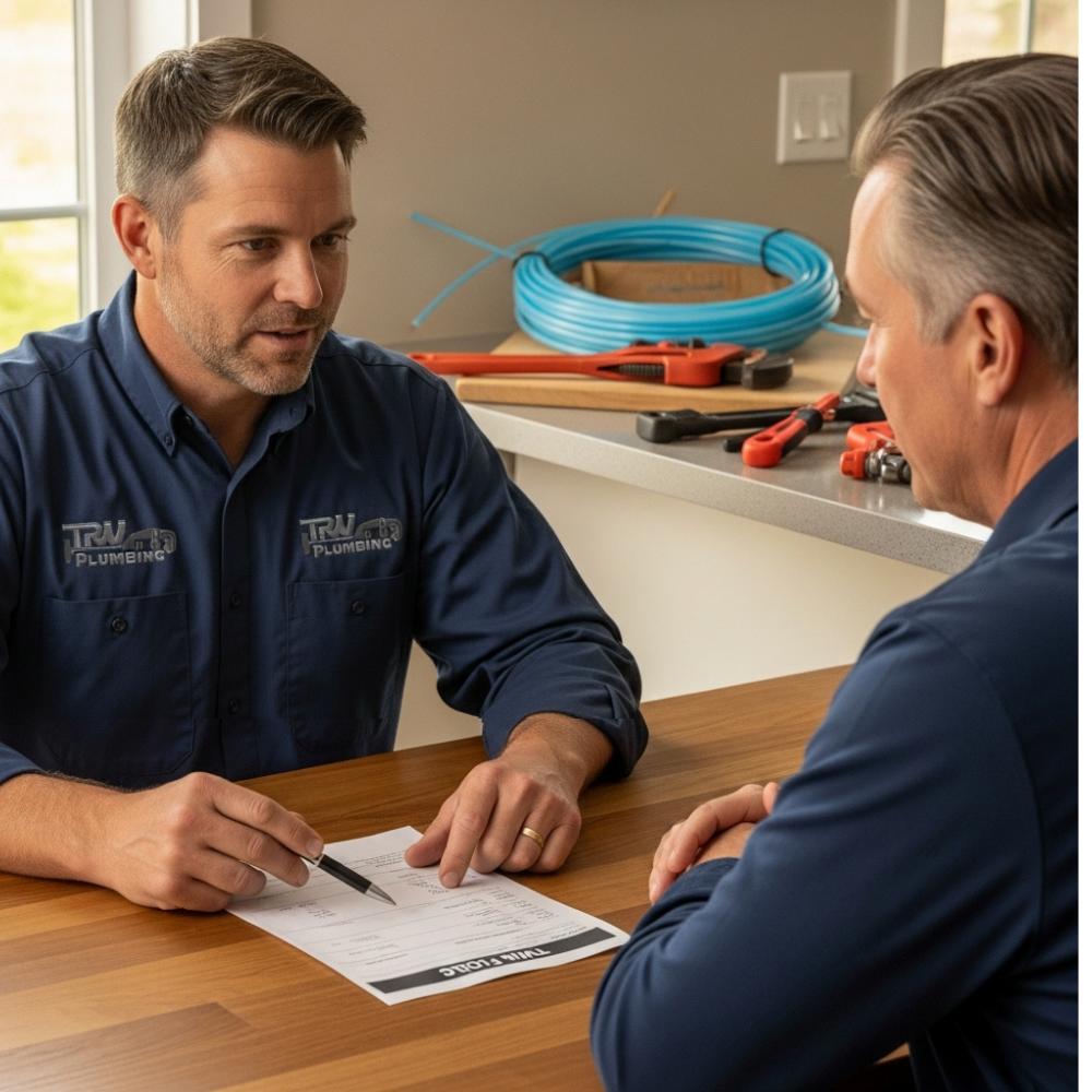 Plumber explaining Why plumbing repairs seem so expensive to a Twin Falls homeowner while reviewing a repair invoice.