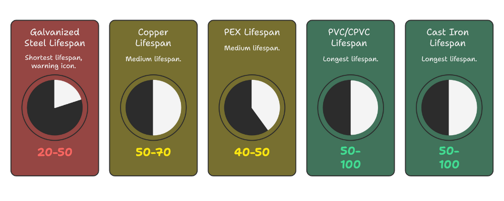 an image of a chart Galvanized Steel: 20-50 years (with warning icon) Copper: 50-70 years PEX: 40-50 years PVC/CPVC: 50-100 years Cast Iron: 50-100 years