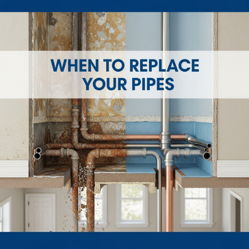 Cutaway illustration of a Twin Falls home showing old corroded pipes and new plumbing side by side, symbolizing when to replace your pipes.