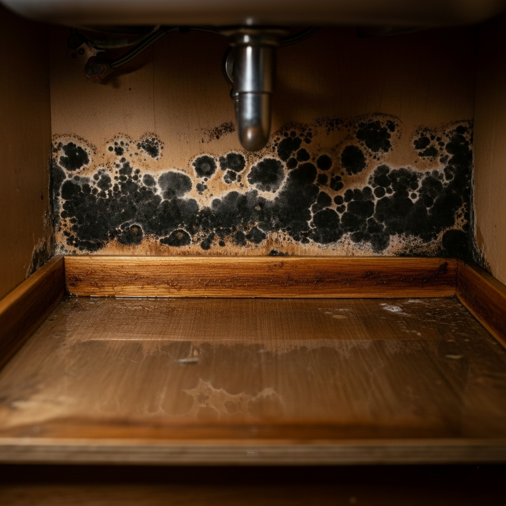 A realistic image of dirty water overflowing under a kitchen sink showing severe damage caused by delaying plumbing repairs.